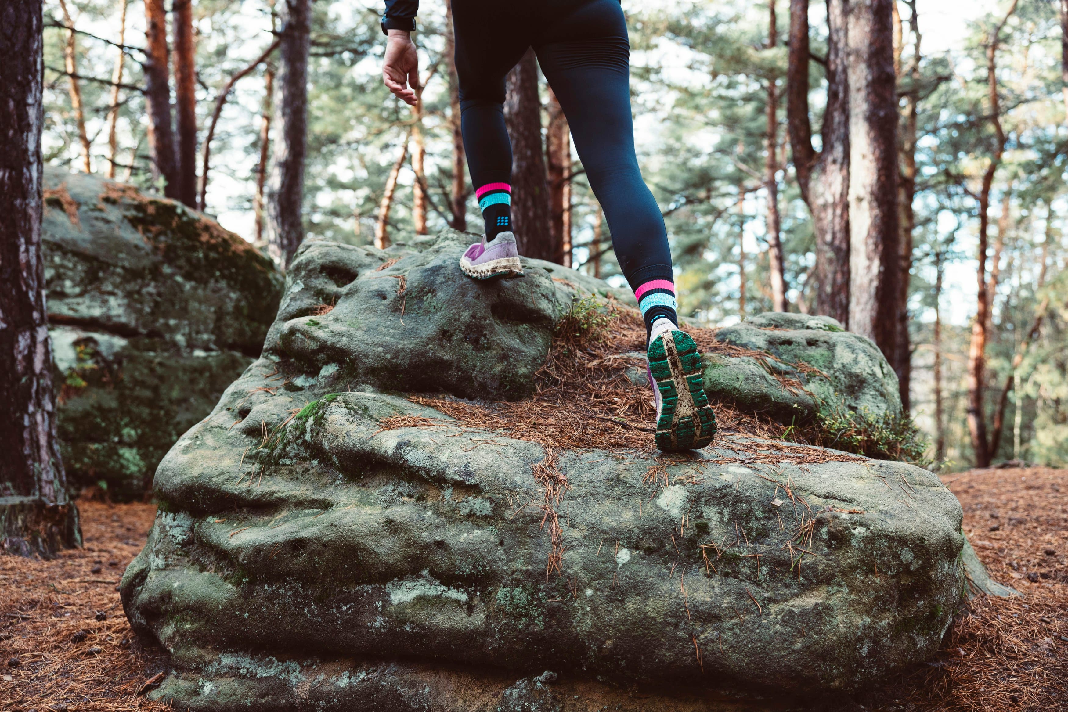 Lightweight hiking boots on a high alpine trail